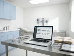 Stethoskop und Laptop mit Dashboard auf einem klinischen Schreibtisch neben Tablet und beschrifteten Ordnern in hellem Arztzimmer.