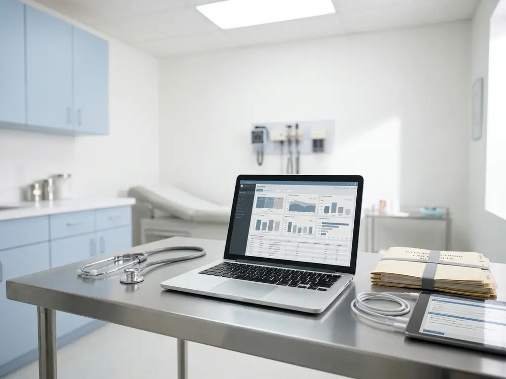 Stethoskop und Laptop mit Dashboard auf einem klinischen Schreibtisch neben Tablet und beschrifteten Ordnern in hellem Arztzimmer.