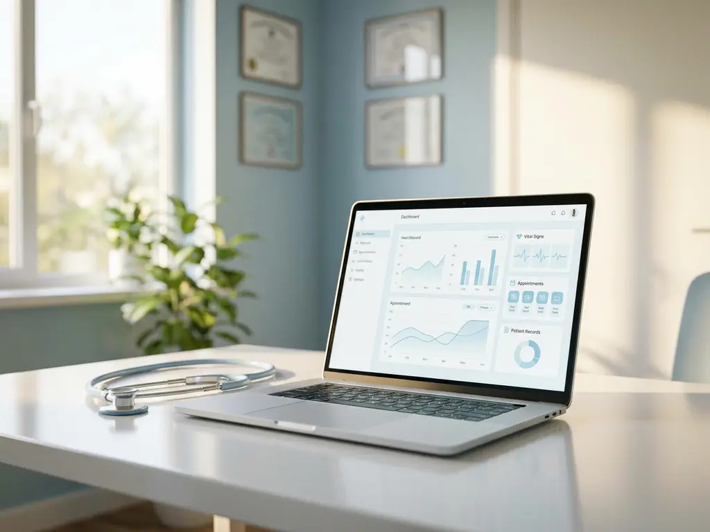 Laptop mit medizinischem Dashboard auf weißem Schreibtisch, daneben ein Stethoskop, in einem modernen arbeitsmedizinischen Büro.