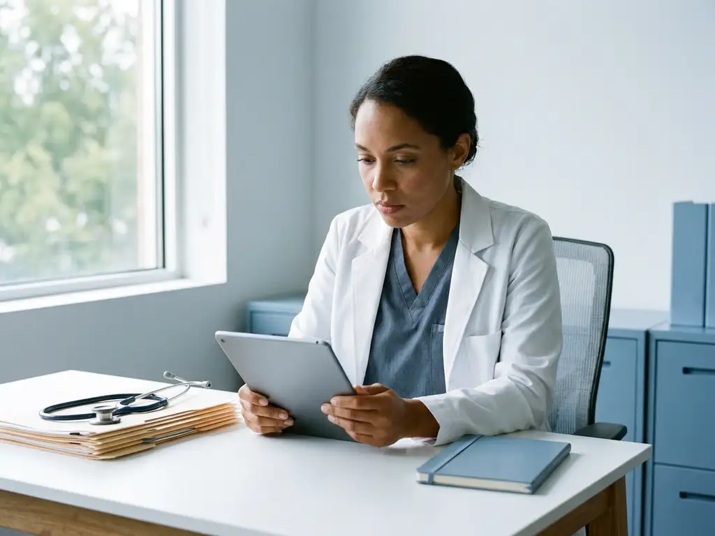 Arbeitsmediziner in klinischer Kleidung prüft digitales Tablet am weißen Schreibtisch, Stethoskop und Patientenakten daneben.
