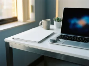 Arztschreibtisch mit geschlossener Patientenakte, Laptop und Kombinationsschloss als Symbol für medizinischen Datenschutz.