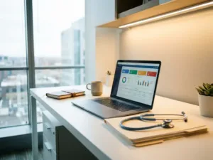 Arztschreibtisch mit Laptop, Stethoskop und Patientenakte im morgendlichen Licht eines modernen Büros.