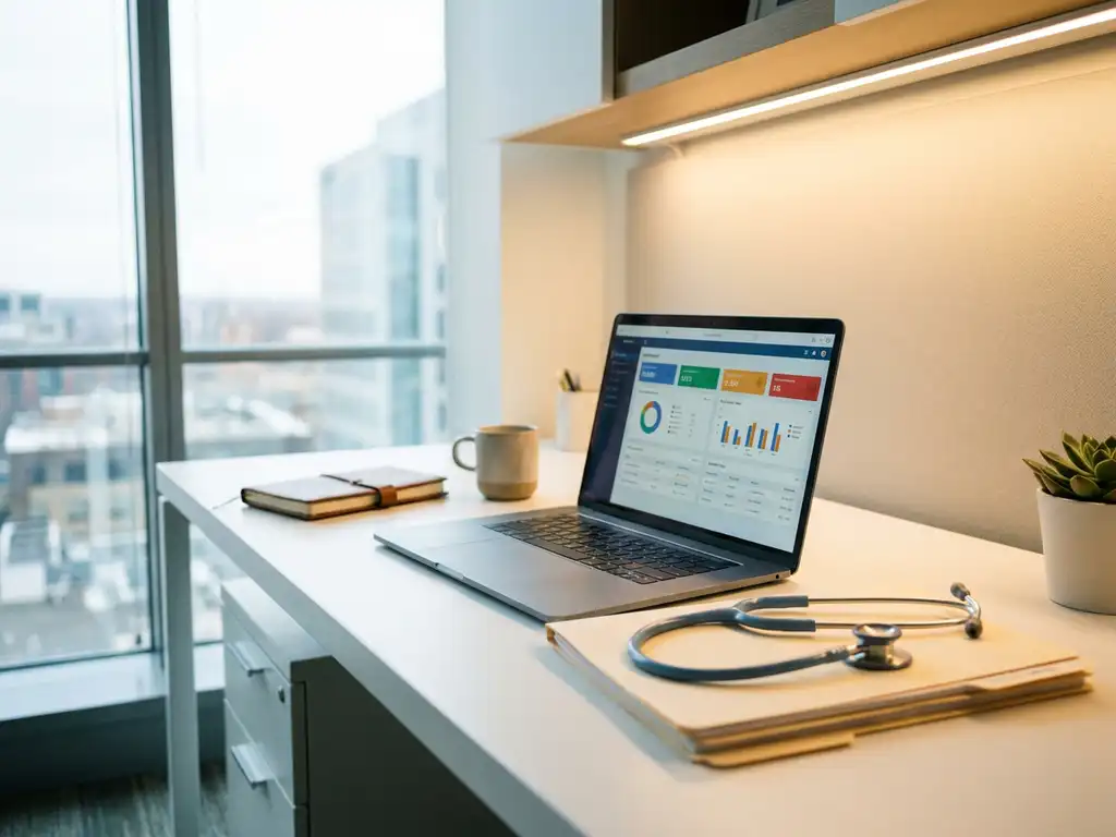 Arztschreibtisch mit Laptop, Stethoskop und Patientenakte im morgendlichen Licht eines modernen Büros.