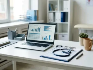 Medizinischer Schreibtisch mit Laptop, Patientendaten-Diagrammen, Stethoskop und Klemmbrett mit Formularen im klinischen Ambiente.