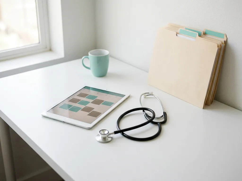 Arztschreibtisch mit Tablet, das Patientenpläne zeigt, Stethoskop daneben und gestapelte Patientenakten im Hintergrund.