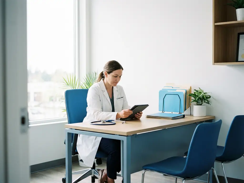 Arzt im weißen Kittel prüft Tablet am modernen Arbeitsmedizin-Arbeitsplatz mit Stethoskop und Akten im Tageslicht.