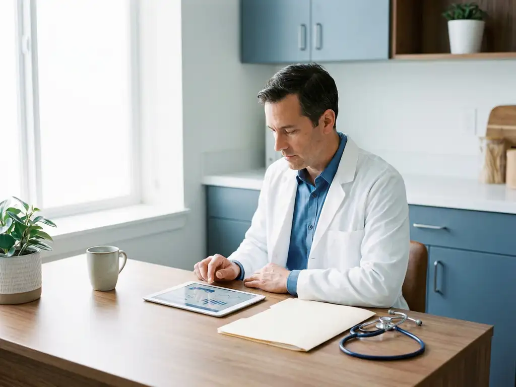 Arzt im weißen Kittel prüft digitale Patientenakte auf Tablet, Stethoskop und Mappe auf dem Schreibtisch, natürliches Fensterlicht.