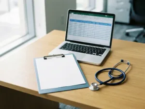 Medizinisches Klemmbrett und Stethoskop auf hellem Holzschreibtisch neben Laptop mit Abrechnungsdaten, natürliches Seitenlicht.
