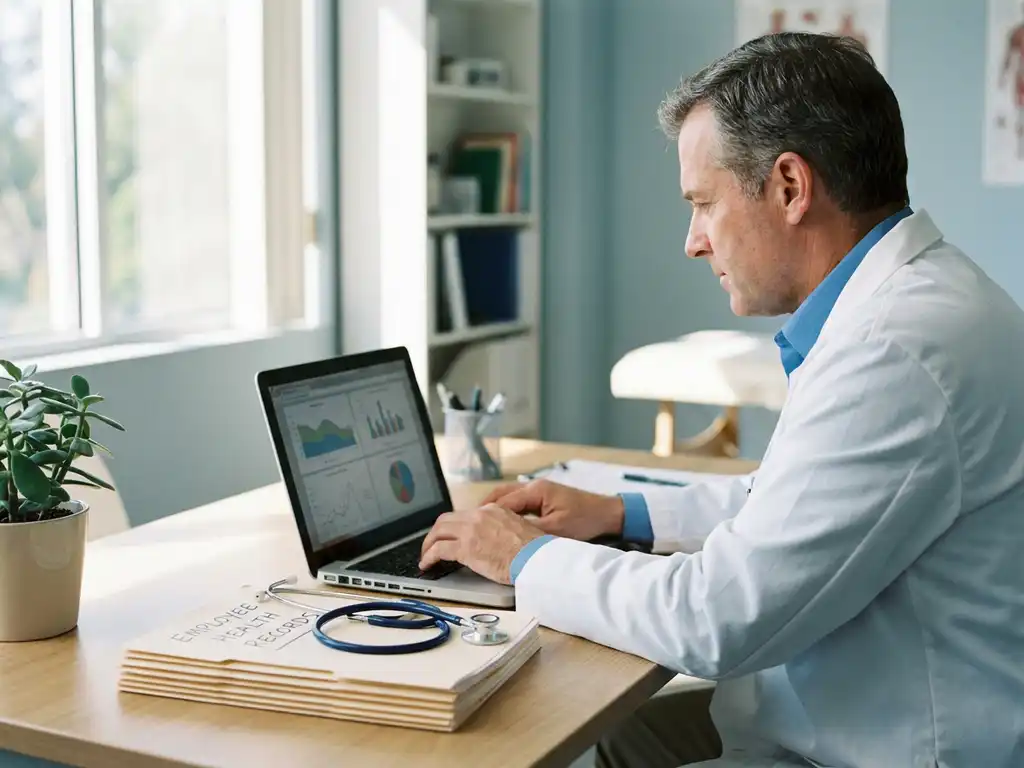 Betriebsarzt prüft digitale Gesundheitsakte auf Laptop, Stethoskop und Mitarbeiterordner auf hellem Kliniktisch im Tageslicht.