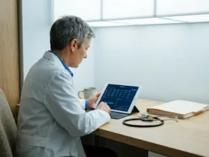 Betriebsarzt prüft digitale Gesundheitsscreeningdaten auf einem Tablet, Stethoskop und Akte auf dem Schreibtisch.