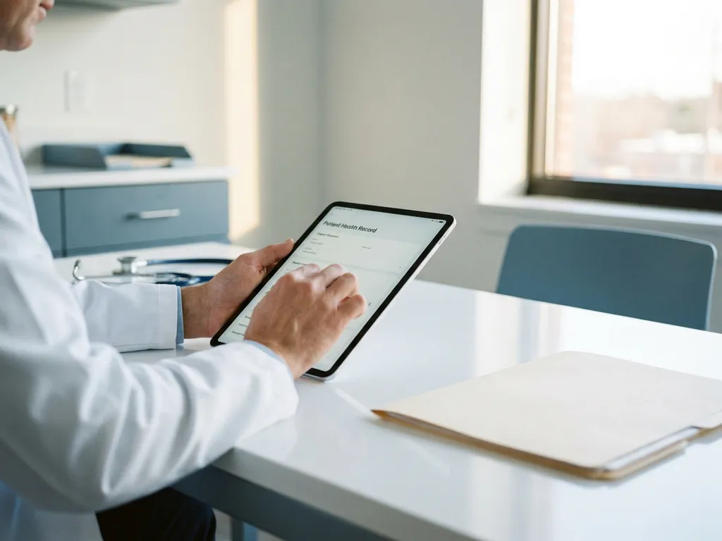 Betriebsarzt prüft digitale Patientenakte auf Tablet, Stethoskop und Ordner auf weißem Schreibtisch, modernes Arztzimmer.