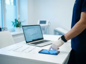 Betriebsarzt unterzeichnet digitales Unterschriftenpad neben medizinischem Untersuchungsformular auf weißem Klinikschreibtisch.