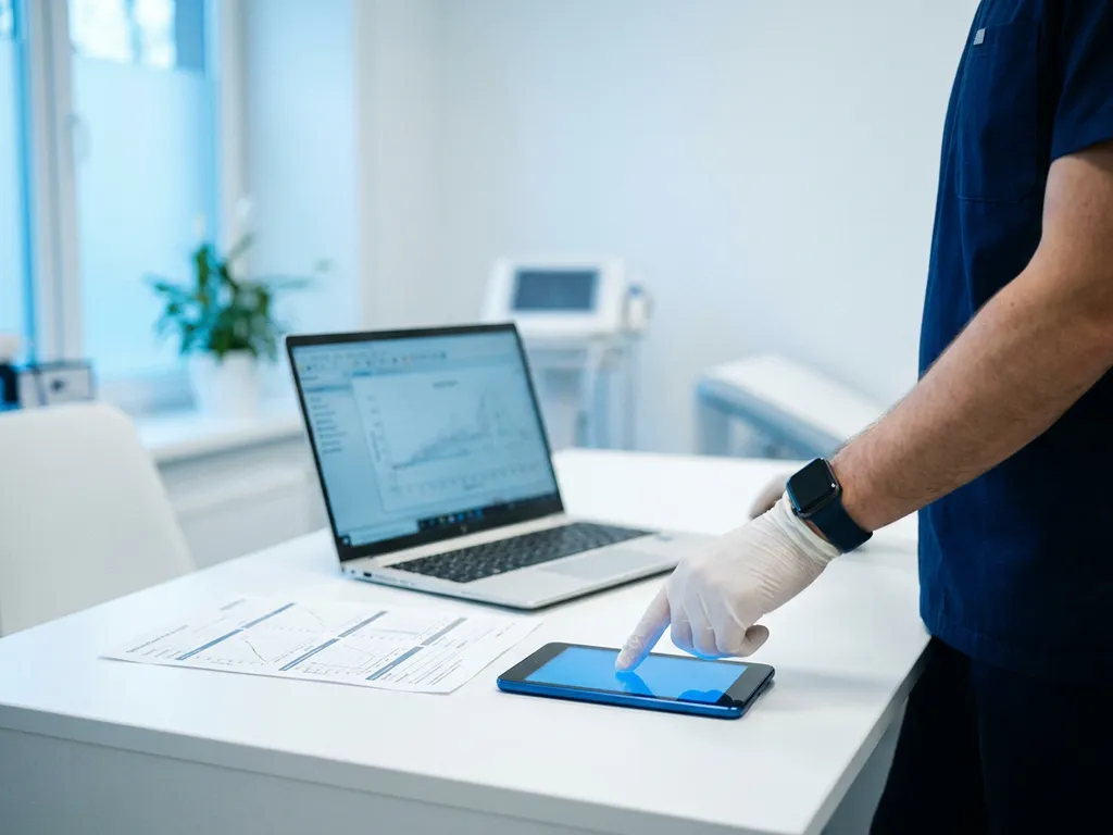 Betriebsarzt unterzeichnet digitales Unterschriftenpad neben medizinischem Untersuchungsformular auf weißem Klinikschreibtisch.
