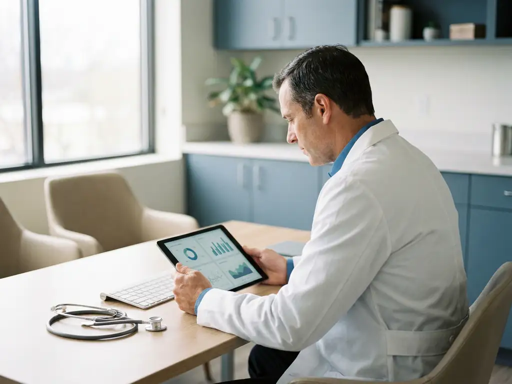 Betriebsarzt prüft digitale Patientendaten auf Tablet am modernen Klinikschreibtisch, Stethoskop neben kabelloser Tastatur, natürliches Fensterlicht.