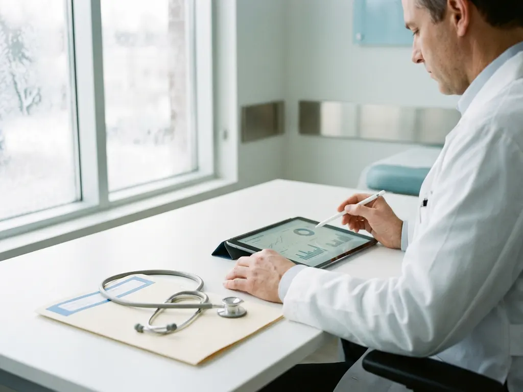 Betriebsarzt prüft digitale Mitarbeitergesundheitsakte auf Tablet, Stethoskop und Patientenmappe auf weißem Schreibtisch im hellen Klinikbüro.
