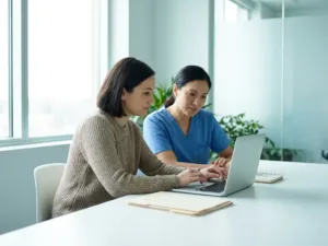 Mitarbeiter und Betriebsarzt prüfen gemeinsam Gesundheitsdaten auf einem Laptop in einem modernen, hellen Büro.