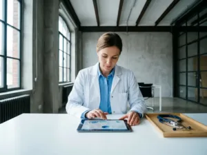 Betriebsarzt prüft digitale Mitarbeitergesundheitsakten auf Tablet, Stethoskop auf weißem Schreibtisch, helles modernes Büro.