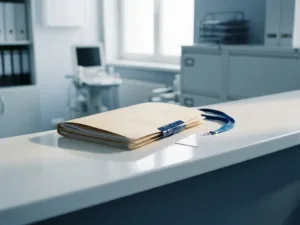 Versiegelte Patientenakte auf weißem Schreibtisch neben einem Zugangsausweis, symbolisiert Datenschutz im betriebsärztlichen Bereich.