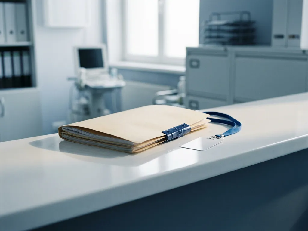 Versiegelte Patientenakte auf weißem Schreibtisch neben einem Zugangsausweis, symbolisiert Datenschutz im betriebsärztlichen Bereich.