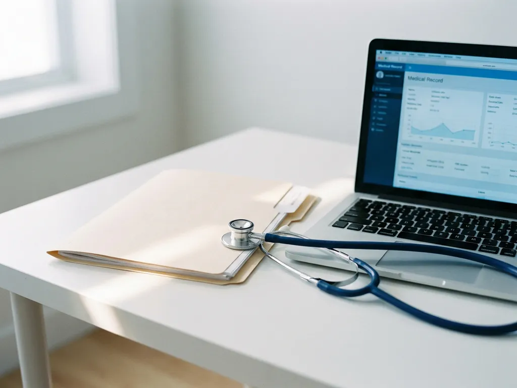 Medizinischer Ordner und Laptop auf weißem Schreibtisch mit Stethoskop, symbolisiert digitale Arbeitnehmerdokumentation im Gesundheitswesen.