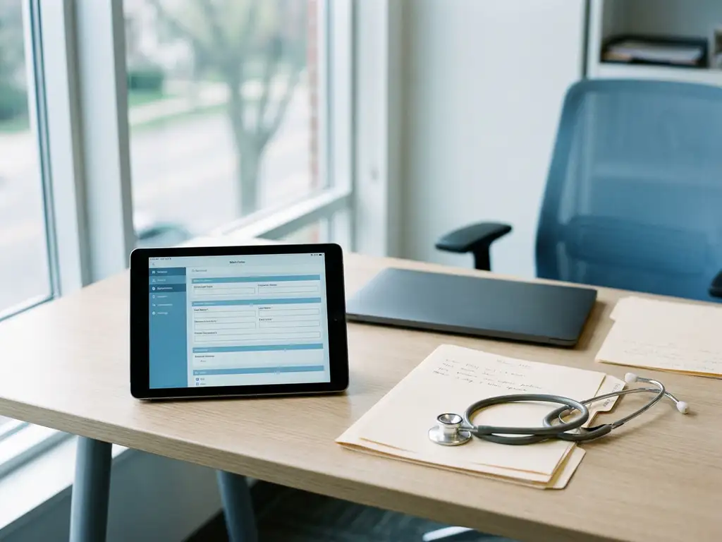 Halbausgefülltes digitales Gesundheitsformular auf klinischem Schreibtisch mit Stethoskop und zugeklapptem Laptop, betriebsärztliche Praxis.