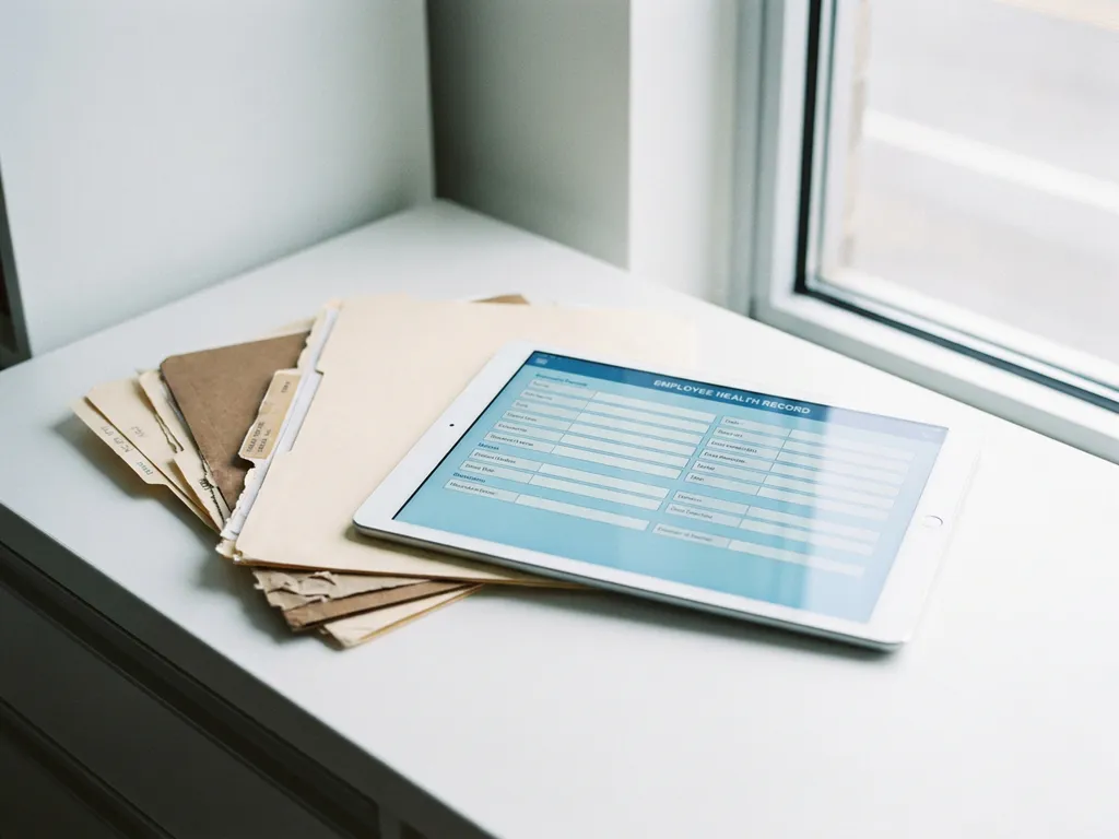 Digitales Tablet mit strukturierter Mitarbeiter-Gesundheitsakte auf weißem Schreibtisch, daneben gestapelte Papierordner, natürliches Fensterlicht.
