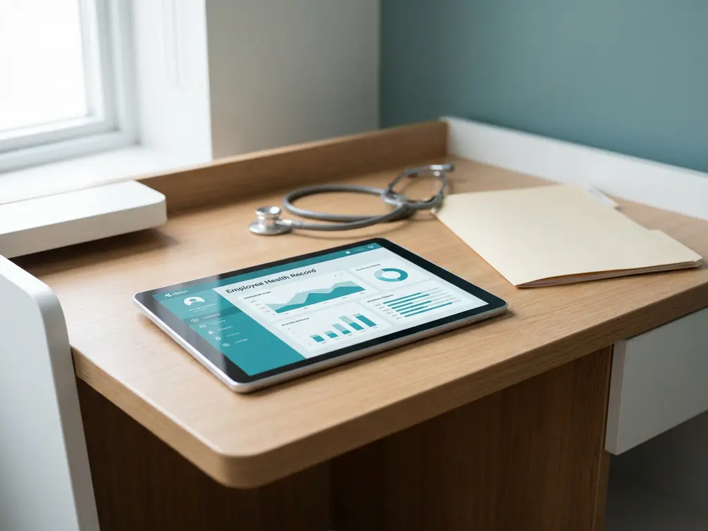 Tablet mit digitaler Gesundheitsakte neben Stethoskop und Papiermappe auf klinischem Holzschreibtisch – papierlose Arbeitsmedizin.