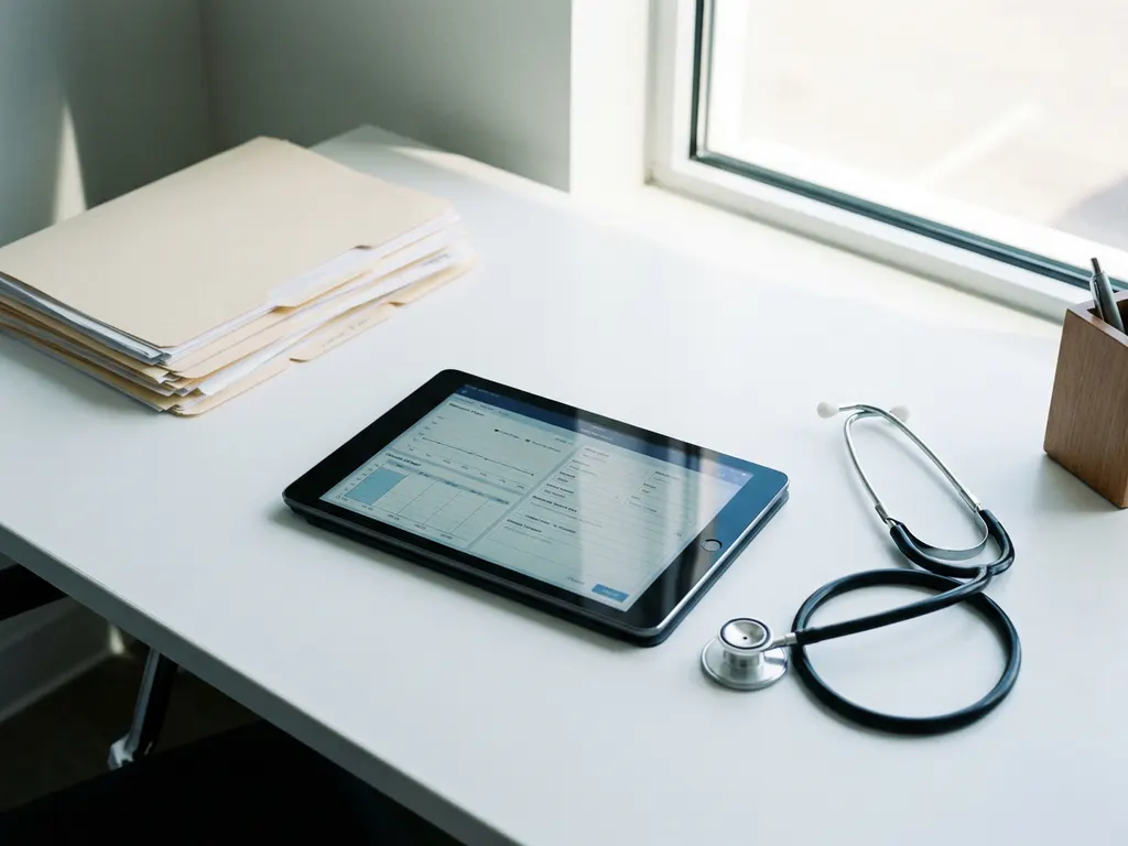 Arztschreibtisch mit Tablet und digitalen Patientenakten, Stethoskop daneben, Papierdokumente im Hintergrund, natürliches Fensterlicht.