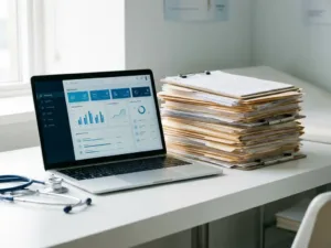 Laptop mit medizinischem Dashboard neben einem Stapel Papierakten und handgeschriebenen Formularen auf einem klinischen Schreibtisch mit Stethoskop.