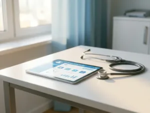 Digitales Tablet mit Patientenakte auf weißem Kliniktisch, daneben ein Stethoskop, in hellem natürlichem Licht.