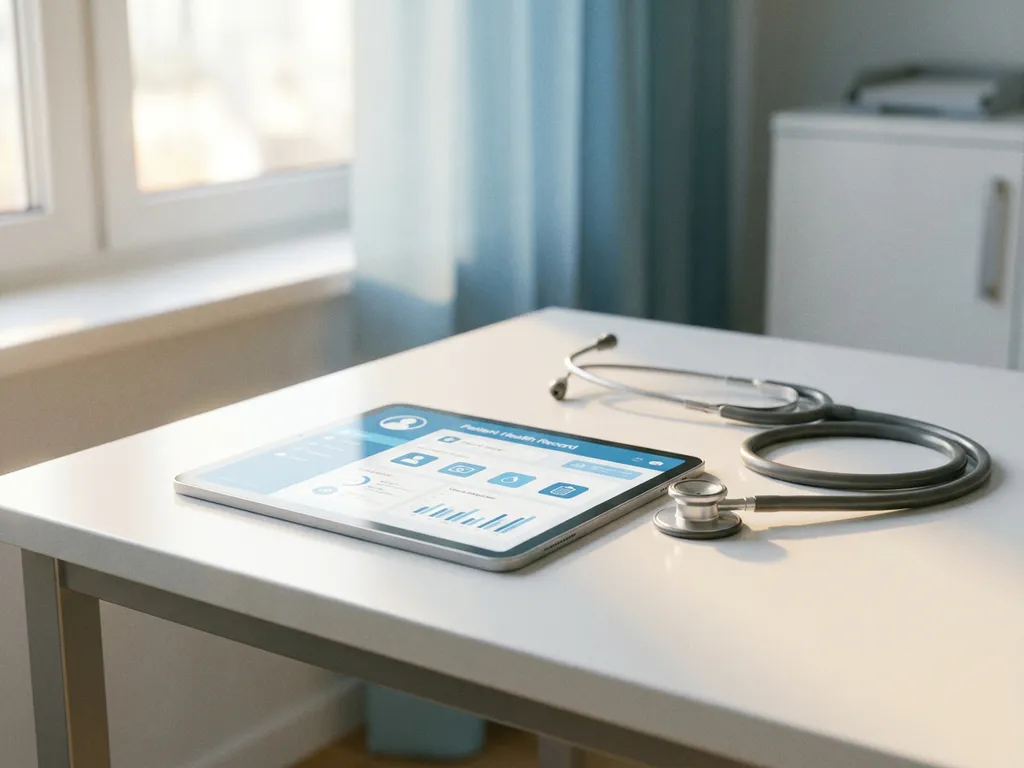 Digitales Tablet mit Patientenakte auf weißem Kliniktisch, daneben ein Stethoskop, in hellem natürlichem Licht.