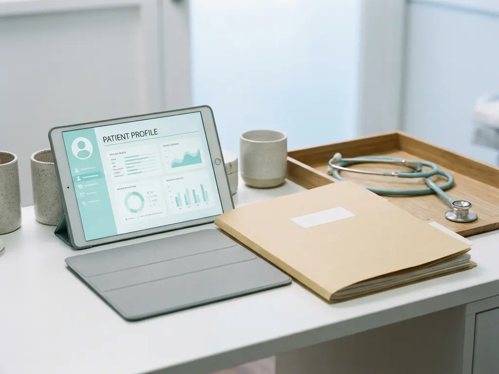 Digitales Tablet mit Patientenprofil neben einer Krankenakte und Stethoskop auf weißem klinischen Schreibtisch.