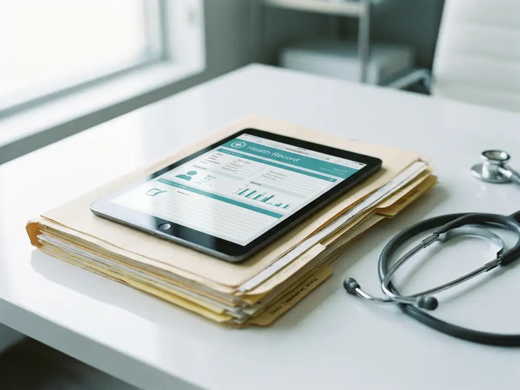 Medizinisches Tablet mit digitalen Patientenakten auf Papierordner, Stethoskop daneben auf weißem klinischen Schreibtisch.