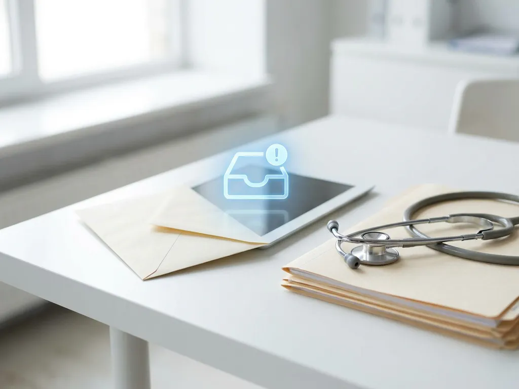 Versiegelter Briefumschlag verwandelt sich in digitale Posteingangsbenachrichtigung auf weißem Schreibtisch mit Stethoskop und Patientenakte.