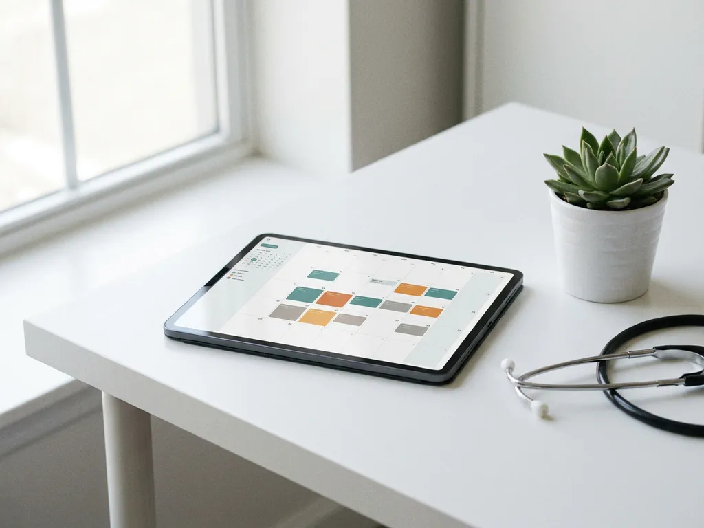Tablet mit digitalen Kalender und farbcodierten Terminen auf weißem Kliniktisch neben Stethoskop und Sukkulente.