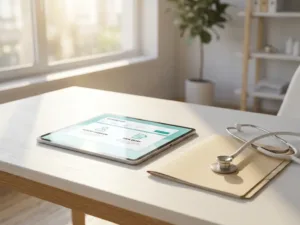 Tablet mit medizinischem Dashboard auf klinischem Schreibtisch neben Stethoskop und Patientenakte, digitale Transformation im Betriebsgesundheitswesen.