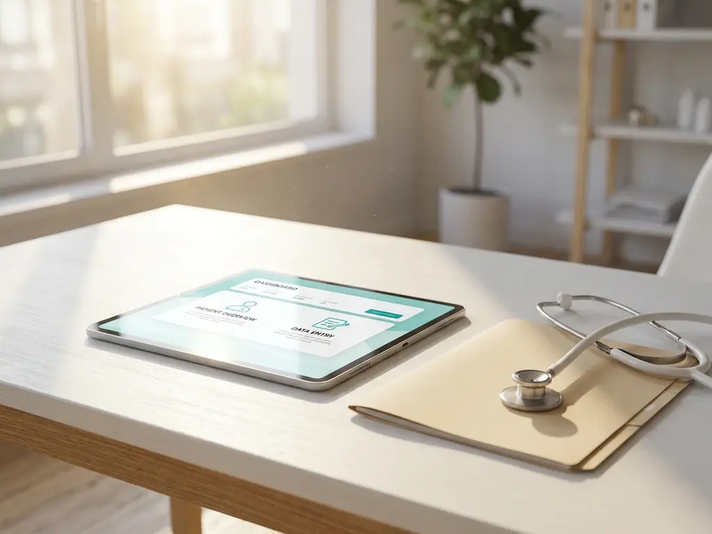 Tablet mit medizinischem Dashboard auf klinischem Schreibtisch neben Stethoskop und Patientenakte, digitale Transformation im Betriebsgesundheitswesen.