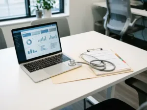 Stethoskop liegt auf Laptop mit digitaler Patientenakte und Papierordner auf einem Schreibtisch in einer modernen Arbeitsmedizin-Praxis.