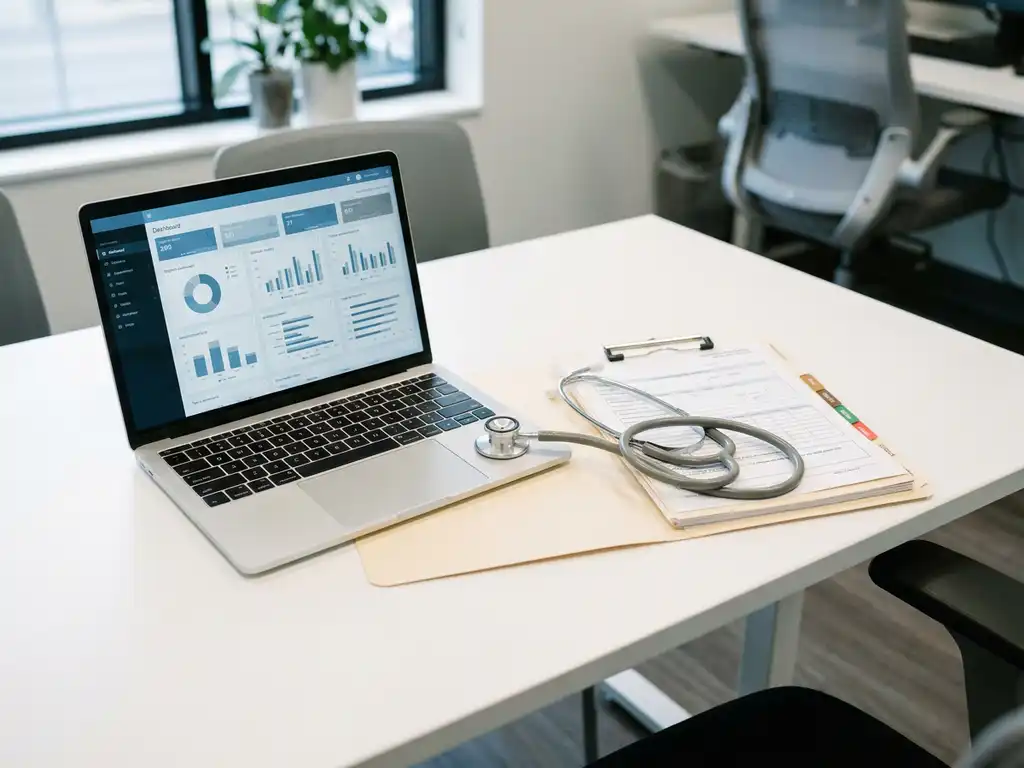 Stethoskop liegt auf Laptop mit digitaler Patientenakte und Papierordner auf einem Schreibtisch in einer modernen Arbeitsmedizin-Praxis.