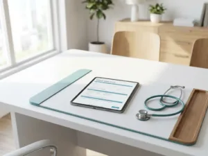 Medizinisches Tablet mit digitalem Patientenformular auf weißem Kliniktisch, Stethoskop daneben, helles natürliches Licht.