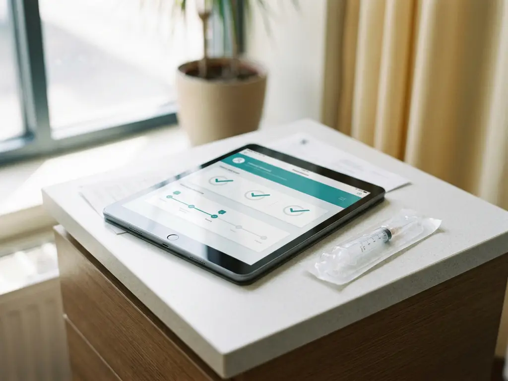 Digitales Tablet mit Impfpass-Oberfläche auf klinischem Schreibtisch neben verpackter Spritze, modernes Betriebsgesundheitssetting.