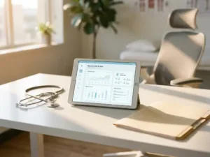 Tablet mit medizinischem Dashboard neben Stethoskop und Patientenakte auf weißem Schreibtisch in moderner Arbeitsmedizin.