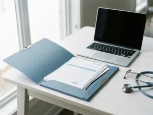 Geöffneter Abrechnungsordner auf weißem Schreibtisch neben Laptop und Stethoskop, natürliches Seitenlicht, medizinische Abrechnung.