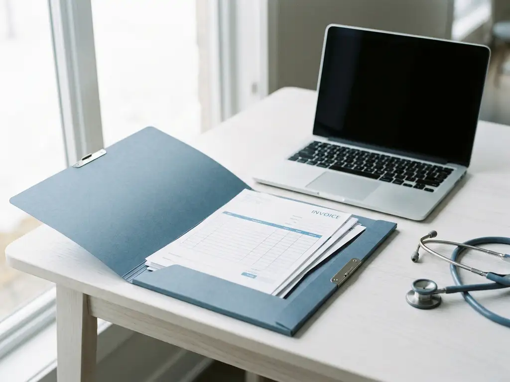 Geöffneter Abrechnungsordner auf weißem Schreibtisch neben Laptop und Stethoskop, natürliches Seitenlicht, medizinische Abrechnung.