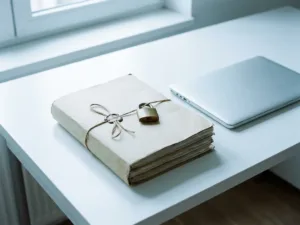 Versiegelte medizinische Akte mit Vorhängeschloss auf weißem Schreibtisch neben Laptop, symbolisiert Datenschutz im Gesundheitswesen.