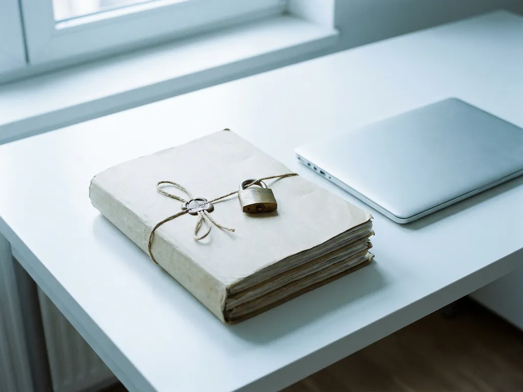 Versiegelte medizinische Akte mit Vorhängeschloss auf weißem Schreibtisch neben Laptop, symbolisiert Datenschutz im Gesundheitswesen.