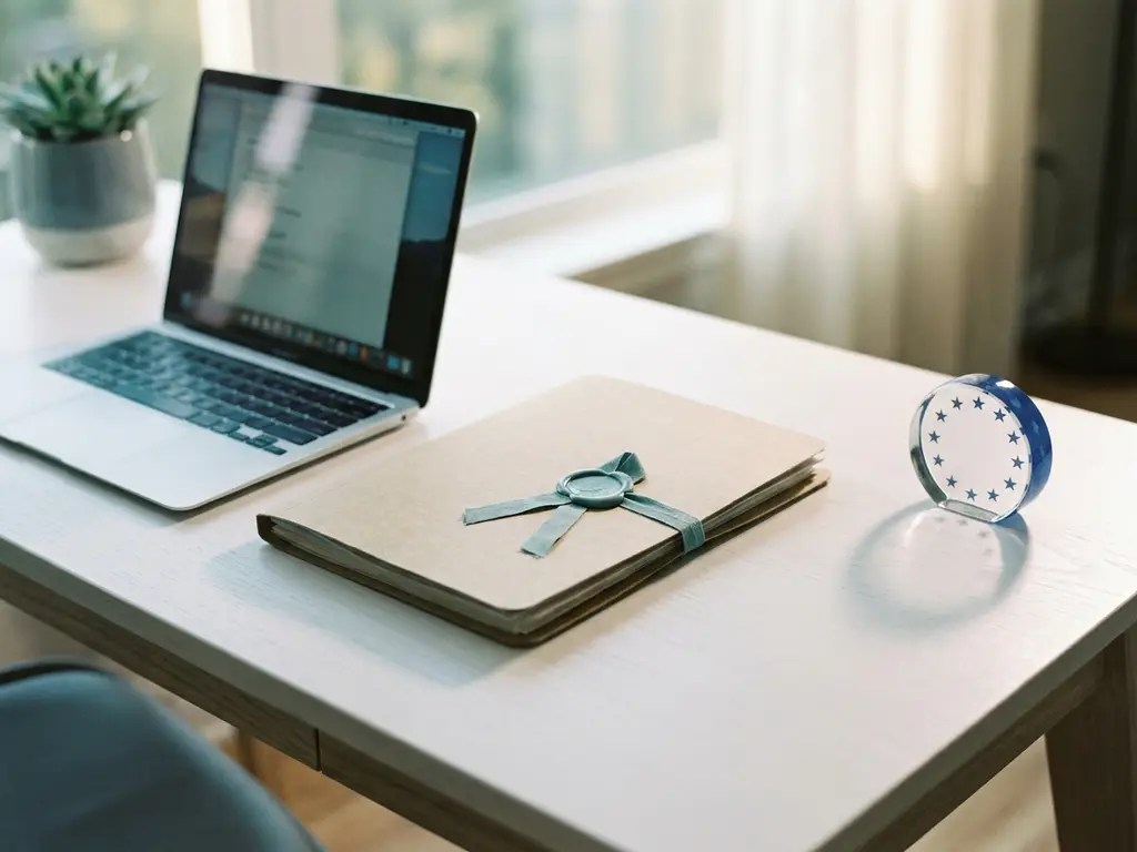 Versiegelte Patientenakte auf weißem Schreibtisch neben Laptop mit EU-Briefbeschwerer, natürliches Seitenlicht, modernes Büro.