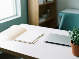 Geöffneter medizinischer Aktenordner auf weißem Schreibtisch neben Laptop und kleiner grüner Pflanze im natürlichen Licht.