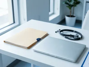 Versiegelte Patientenakte auf weißem Klinikschreibtisch neben Laptop und Stethoskop, natürliches Seitenlicht, professionelle Gesundheitsumgebung.