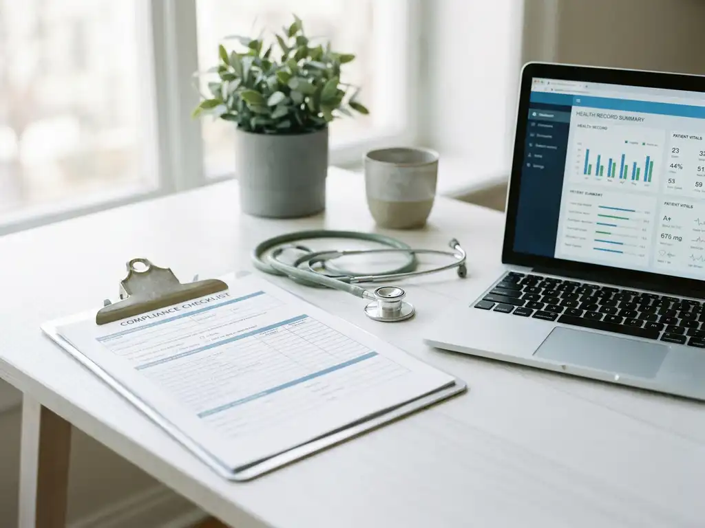 Medizinisches Klemmbrett mit Compliance-Dokument neben Laptop mit Patientenakten und Stethoskop auf weißem Schreibtisch.